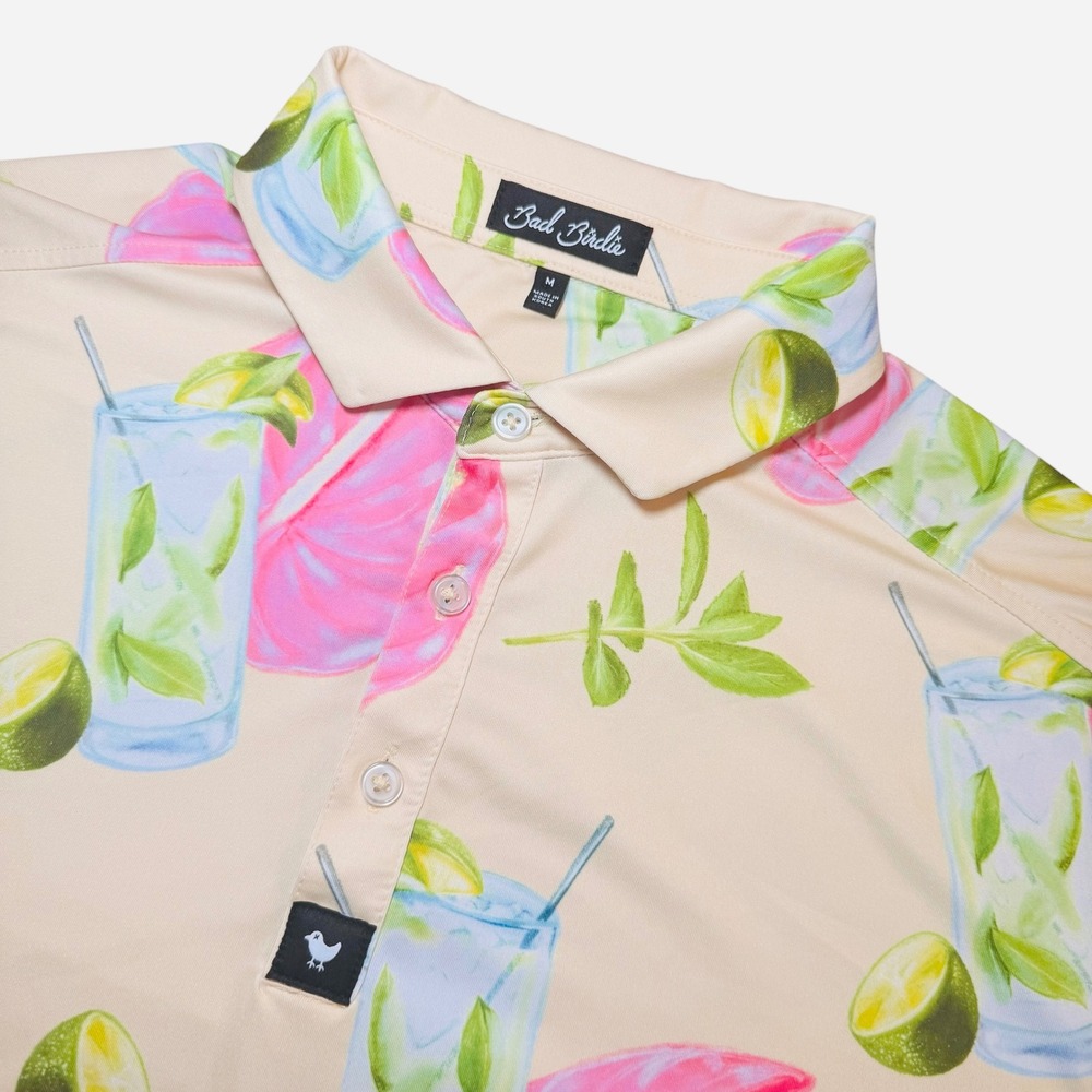 Bad Birdie Light Yellow Performance Golf Polo Shirt Mojito Print Mens Medium